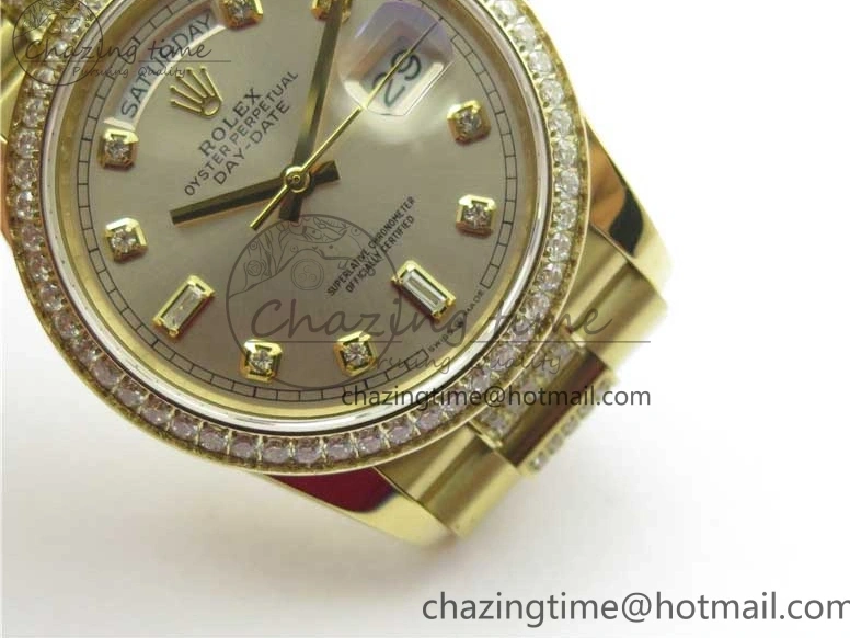 0212 DailyWear Day-Date 36mm 128235 YG Crystal BP Best Edition Silver Crystal Marker Dial on YG President Bracelet A 2676